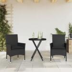 vidaXL 3 részes fekete polyrattan/üveg bisztrógarnitúra párnával (3278748)