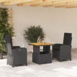 vidaXL 3 részes fekete polyrattan kerti étkezőgarnitúra párnákkal (3277325)