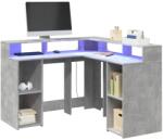 vidaXL betonszürke szerelt fa íróasztal LED-világítással 130x130x91 cm (3309450)