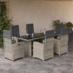 vidaXL 7 részes világosszürke polyrattan kerti étkezőszett párnával (3212266)