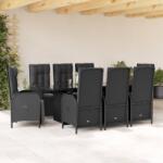 vidaXL 9 részes fekete polyrattan kerti étkezőgarnitúra párnákkal (3213531)