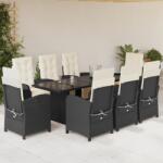 vidaXL 9 részes fekete polyrattan kerti étkezőgarnitúra párnákkal (3212487)