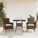vidaXL 3 részes barna polyrattan/üveg kerti étkezőgarnitúra párnával (3278603)
