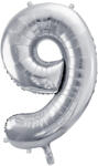 PartyDeco 9-es születésnapi szám fólia lufi - ezüst 86cm