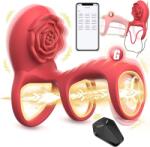 SuperLove Rose Triple Vibrating Cock Ring with Clitoral & G-Spot Stimulation & Remote Red Inel pentru penis