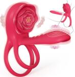 SuperLove Vibrating Cock Ring Sleeve with Rose Clitoral Stimulator Red