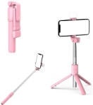  Prémium selfie bot, 19 - 70 cm, 360°-ban forgatható, exponáló gombbal, bluetooth-os, v4.0, tripod állvány funkció, világítással, R1S, rózsaszín