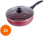 Grunberg Set 2 x Tigaie din Aluminiu cu Interior si Exterior Rosu Marmorat, cu Capac din Sticla, 26 cm, Grunberg (GUJ-2xBB26)