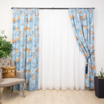 Hiko Set 3 piese, draperii Hiko Nostalgie Leaf bumbac albastru si o perdea din voal, cu rejansa (100005650)