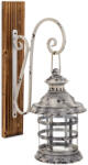 ART-POL Falikaros lampion mécsestartó antikolt szürke fém üvegbúrás lámpás falra szerelhető fa konzolon 43x17x28cm (165172)