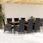vidaXL 9 részes fekete polyrattan kerti étkezőgarnitúra párnákkal (3277516)