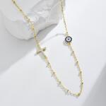 Modart Lantisor simbol deochi si cruce de argint placat cu aur cu cristale si bile, dama, argint 925, cross evil eye, 40+5 cm, auriu, 3, 32 gr (1204)