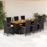 vidaXL 9 részes fekete polyrattan kerti étkezőgarnitúra párnákkal (3277526)