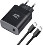Blue Star Hálózati töltőfej 1x Type-C + Type-C - Type-C adatkábel, 3A, 45W, PD / QC4.0, fekete, BlueStar TFB-TC