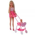 Simba Toys Papusa Simba Steffi Love Baby Walk 29 cm roz cu carucior si accesorii (S105733067-ROZ) - ookee Papusa