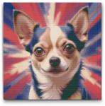  Gyémántszemes kirakó - Chihuahua vörös és kék árnyalatokban Méret: 50x50cm, Keretezés: Műanyagtáblával, Gyémántok: Kerek
