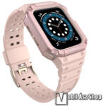  Okosóra szilikon szíj / műanyag tok - RÓZSASZÍN - műanyag bumper, 95mm+112mm hosszú, ERŐS VÉDELEM! - APPLE Watch Series 1/2/3 38mm / 4/5/6/SE 40mm / 7/8/9 41mm