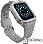  Okosóra szilikon szíj / műanyag tok - SZÜRKE / EZÜST - műanyag bumper, 106mm+126mm hosszú, ERŐS VÉDELEM! - APPLE Watch Series 1/2/3 42mm / 4/5/6/SE 44mm / 7/8/9 45mm (GP1-41559)