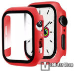 Apple Watch Series 7, 8, 9 41mm, Okosóra műanyag védőtok, keret, 9H edzett üvegfólia, Piros