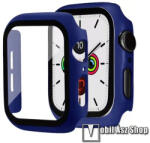 Apple Watch Series 7, 8, 9 45mm, Okosóra műanyag védőtok, keret, 9H edzett üvegfólia, Sötétkék