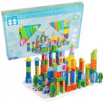 Beilaluna Set de cuburi din lemn pentru construit 100 de piese litere, numere, Oraselul inteligent. Smart Town Blocks (102788)