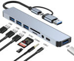  USB-C és USB 3.0 HUB 8 portos átalakító - 1x USB 3.0, 3x USB 2.0, SD/microSD kártyaolvasó, USB-C, 3.5mm audio csatlakozó - sokoldalú bővítés laptophoz és PC-hez