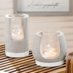  Különleges rusztikus felületű henger alakú cement és üveg mécsestartó szívecskés díszítéssel 12cm