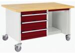 bott Mobil műhelyasztal Bott Cubio Tároló, 84 x 150 x 75 cm, 3 fiók, polcok, multiplex, szürke-piros