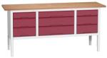 bott Verso műhelyasztal, állítható magasságú, 83-93 x 200 x 60 cm, multiplex, 9 fiókos, szürke-piros