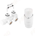 FERRO Polonia Set robinet dublu coltar pt. radiator tip-V cu alim. din perete, reversibil (stanga sau dreapta) si cap termostatat GT30, alb (ZTD30WH)