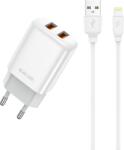 Jellico EU02 hálózati töltő adapter 2.4A 12W 2xUSB + Lightning kábel fehér