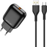 Jellico C32 hálózati töltő adapter 18W USB QC3.0 + Type C kábel fekete
