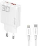 Dudao A30EUL 30W GaN hálózati töltő USB-A / USB-C + USB-C - Lightning kábel - fehér