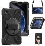 Samsung Tab A9 (8.7) SM-X110 / X115, Műanyag hátlap védőtok, szilikon belső, kitámasztóval, kézpánt, vállpánt, Defender, fekete