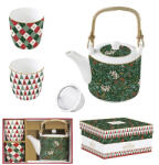 Easy Life Nuova R2S Porcelán teáskanna 600ml, fémszűrővel, 2 porcelánpohárral 160ml, dobozban, Fancy Christmas, Atmosphere (1467FACH)