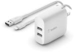Belkin Boost Charge Dual USB-A Hálózati Töltő + USB-A Apa - Lightning Apa Töltőkábel - 24 W, Fehér (WCD001VF1MWH)