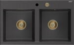 Mexen Hektor, 2 kamrás gránit mosogató 800x480x205 mm, fekete foltos, arany szifon, 6521802000-76-G (6521802000-76-G)