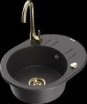 Mexen Kevin, gránit mosogató 586x458x190 mm, 1 kamrás és fekete matt foltos Telma csaptelep, fekete foltos, 6517-76-670200-50 (6517-76-670200-50)