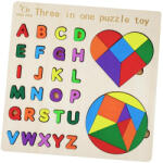  Puzzle incastru din lemn 3 in 1 - tangram forme geometrice, alfabetul literele mari de tipar (102772)