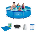 Polygroup Málta / Maui XL Steel Pro 305 x 76 cm kék / fehér fémvázas kerti medence szett vízforgatóval, talajtakaróval és védőtakaróval (SW_MALTA_BLUE_XL)