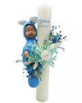 Eventissimi® Lumanare pentru botez, 40 cm, cu trandafir criogenat, hortensii criogenate, flori naturale uscate si iepuras somnoros (personalizabila cromatic si cu text) (LB-026)