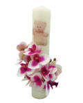 Eventissimi® Lumanare pentru botez, 30 cm, cu flori real touch si imprimeu cu ursulet roz (personalizabila cromatic) (LB-020)