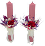 Eventissimi® Set lumanari colorate pentru nunta sau botez cu aranjament frontal cu trandafir criogenat, plante uscate si frunza de palmier, 40 cm (Rosu, Roz, Lila) (SET-016)