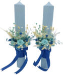 Eventissimi® Set lumanari colorate pentru nunta sau botez cu aranjament frontal cu trandafir criogenat si plante naturale uscate, 40 cm (Bleu) (SET-017)
