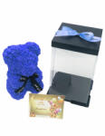 Eventissimi® Urs floral albastru, personalizabil cu felicitare personalizabila, Eventissimi, ursulet decorat manual cu trandafiri de spuma, Teddy Bear 25 cm, cutie decorativa inclusa (UF-004)