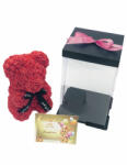 Eventissimi® Urs floral rosu, personalizabil cu felicitare personalizabila, Eventissimi, ursulet decorat manual cu trandafiri de spuma, Teddy Bear 25 cm, cutie decorativa inclusa (UF-001)