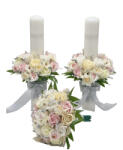 Eventissimi® Set buchet si lumanari cu trandafiri si flori de cires din foita parfumata de sapun si plante naturale uscate - Alb Roz Crem (SET-036)