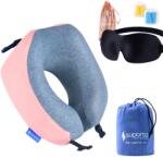 Suporto Set Perna de calatorie Suporto Travel Companion. Perna voiaj din spuma cu memorie, Roz + Masca de dormit Suporto 3D cu saculet Roz Peach, Pachet pentru ochi obositi si un somn odihnitor