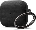  Bluetooth fülhallgató töltőtok tartó, műanyag tok, textil bevonat, vezeték nélküli töltés támogatás, karabiner, Apple AirPods 3 kompatibilis, Spigen Urban Fit, fekete