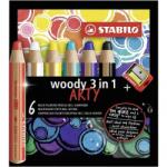 STABILO Комплект цветни моливи, Stabilo, Woody Arty 3 в 1 + острилка ST8806-1-20, 6 цвята (ST8806-1-20)